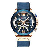 Relógio Masculino Curren 8329 Luxo Couro Azul Dourado 3atm
