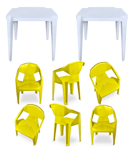 Kit C/2 Mesa Plastico Quadrada E 6 Cadeiras Diamond C/ Braço