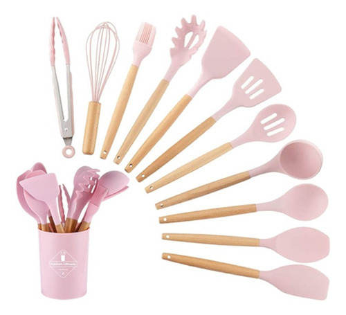 Set 12 Utensilios Cocina Mango Silicona Y Madera Repostería