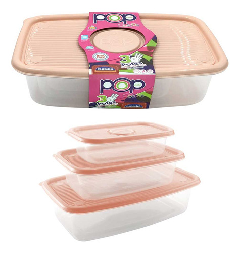 Jogo 3 Potes Vasilha Frutas Marmita Comida Geladeira Freezer Cor Rosa Salmão