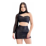 Conjunto Paetês Saia Cropped Ombro Só Mula Manca Brilho