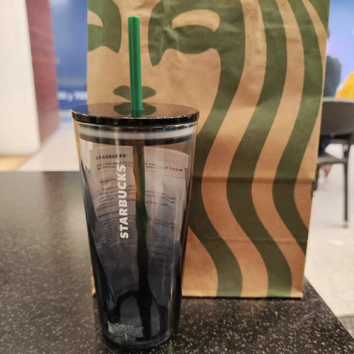 Vaso Cold Cup Cristal Starbucks Negro Con Popote