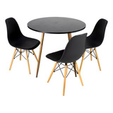 Conjunto De Mesa 90cm Redonda Preta Eiffel Com + 3 Cadeiras