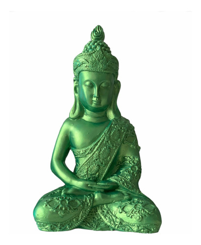 Buda Hindu Tailandês 25 Cm Gesso Meditação Verde Metal