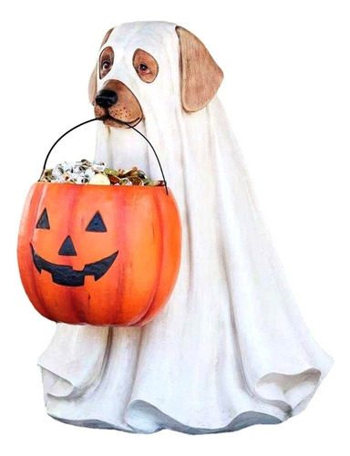 Estatua De Gato Perro Fantasma De Halloween Con Cuenco De Ca