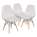 Cadeira De Jantar Eames Eiffel Felpuda Shaggy Branca 3 Unidades