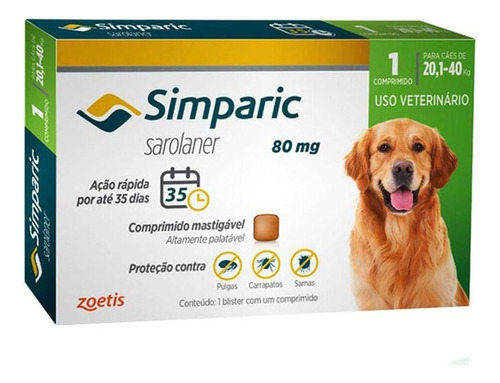Simparic Caixa 1 Comprimido Cães 20 A 40 Kg 80 Mg  - Zoetis
