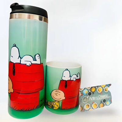 Termo De Snoopy Y Taza Mismo Diseño, Personalizados Color Verde Liso | Envío gratis