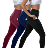 Kit 3 Leggings Com Bolso Cós Alto Suplex Original Poliamida 