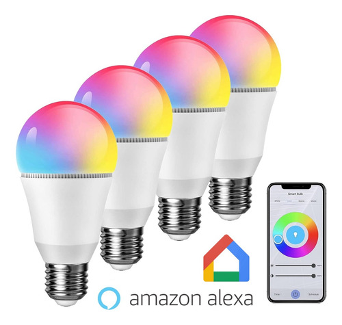 Kit 4 Bombillos Led Wi-fi Inteligente Rgb Google Home Alexa