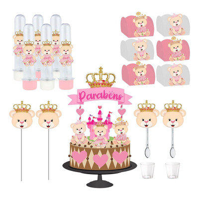 Kit Festa #kf Ursinha Realeza Rosa Forminha Tubete Topper