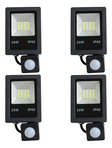 4x Refletor Holofote Led Sensor Presença Fotocélula Frio 20w