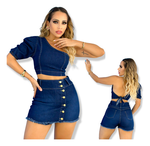 Conjunto Feminino Blusa + Short Saia Jeans Com Botões Escuro