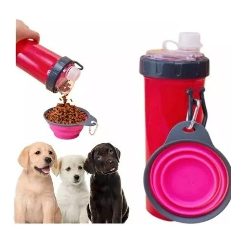Botella Para Agua Alimento + Plato Plegable Paseo Mascotas A