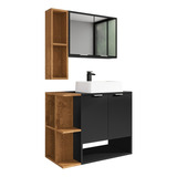 Casa Jd Móveis Banheiro New Ibiza 70cmx47.8cmx45cm Kit Gabinete Banheiro Gabinete Com Cuba E Espelheira Cor Preto E Nature