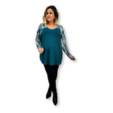 Bata Blusa Malha Estampada Plus Size Manga Longa Decote V