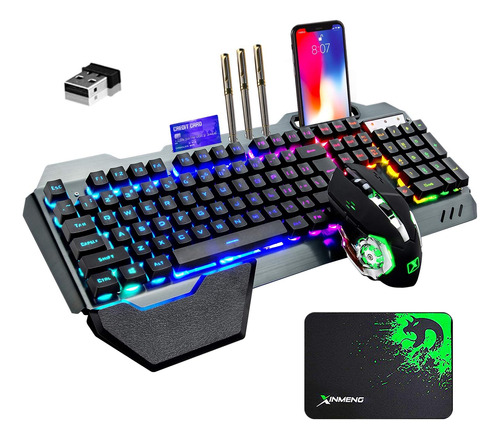 Combo Teclado Y Mouse Gamer Inalambrico + Mousepad | Negro