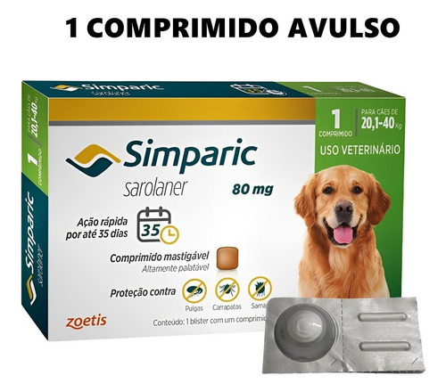Simparic 1 Comprimido 80 Mg 20 A 40 Kg Pulga Carrapato Sarna