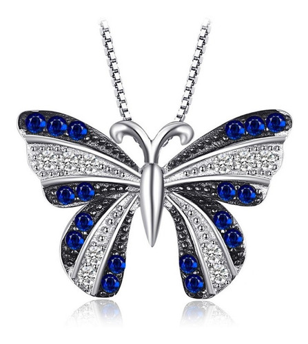 Collar Mujer Dije Mariposa Cristal Azul En Plata 925 