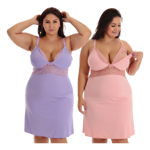 Kit 2 Camisola Amamentação Plus Size Pós Parto Gestante