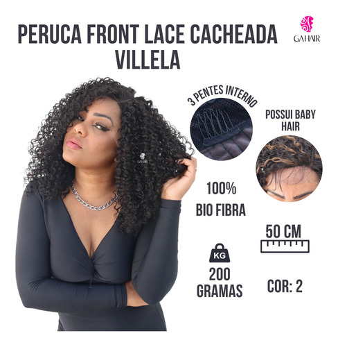 Peruca Front Lace Cacheada Afro Villela Bio Fibra True Me Tonalidade Castanho Escuro Cor 2