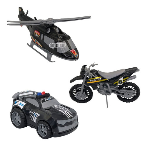 Kit De Brinquedos Infantil Polícia C/ Carro Moto Helicóptero