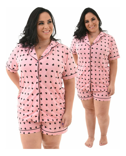 Pijama Plus Size Americano Curto Botão Short Doll Feminino