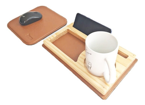 Combo Mouse Pad Y Organizador De Escritorio Cuero Y Madera