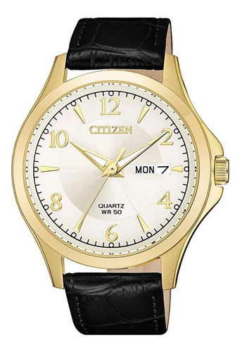 Reloj Citizen Classic Gold Original Hombre E-watch Color De La Correa Negro Color Del Bisel Dorado Color Del Fondo Blanco