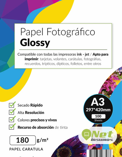 Papel Fotográfico Glossy A3 180 Gr Pack 100 Hojas
