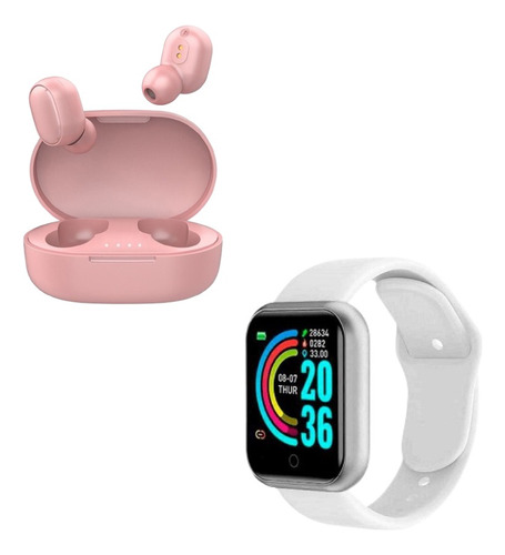 Reloj Smartwatch D20 Blanco + Auriculares Inalámbricos Rosa