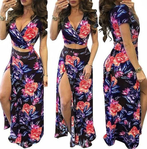 Vestido Falda Crop Top Elegante Flores Spandex Playa Fiesta