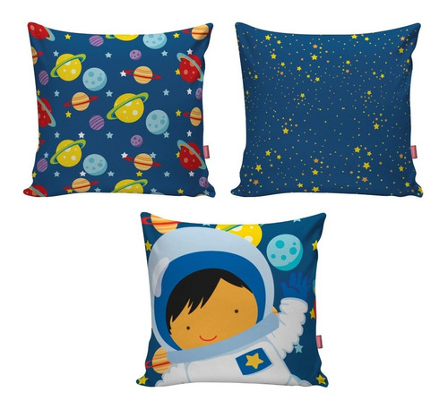 Kit 3 Capas Almofada Decorativa Astronauta Quarto Infantil