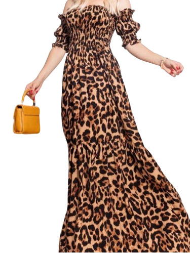 Vestido Feminino Ciganinha Longo Animal Print Ombro A Ombro