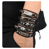 Kit 5 Pulseiras Bracelete Couro Olho Grego Asa Estrelas Punk