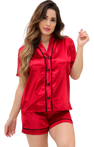 Conjunto Pijama Americano Feminino Elegante Cetim Curto Luxo