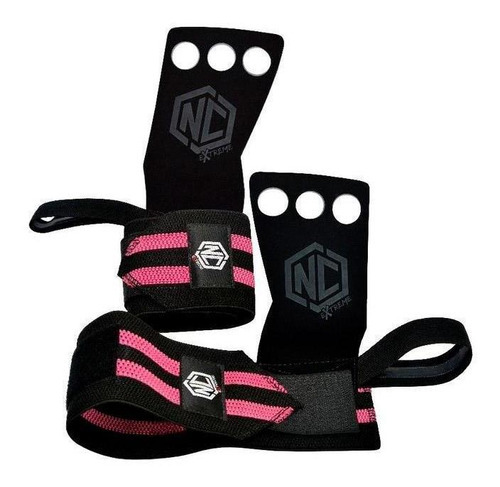 Luva Grip Munhequeira Pull Up Cross Protetor - Nc Extreme Cor Preto/rosa Tamanho G