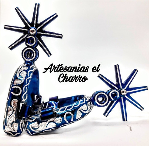 Espuela Charra Pavón Azul Incrustación De Aluminio.