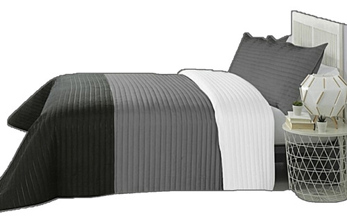 Cover Kavanagh Quilt Tricolor +funda Twin Blanco Gris Negro