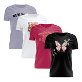 Kit 4 Tshirt Blusa Estampadas Feminina Manga Curta Camiseta