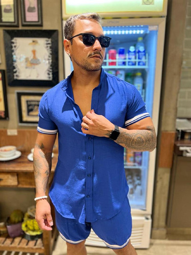 Conjunto Masculino Bermuda Camisa Viscolinho Moda Verão