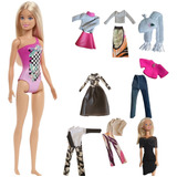 Muñeca Barbie Playa Original Mattel + 8 Conjuntos De Ropa