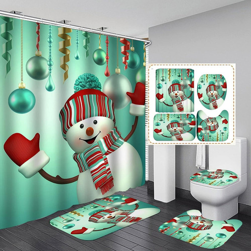 Juegos De Baño Navideños Cortina De Ducha Impermeable Fundas Color Verde Happy Snowman