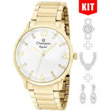 Kit Relógio Champion Feminino Dourado Cn25556w + Semijoia Cor Da Correia Branco