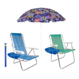 Kit Cadeira Praia+ Reclinável + Guarda Sol + Saca Areia + Su