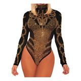 Macacão Feminino Malha Bodysuit Manga Comprida Diamante Pers