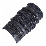 Pulseira Bracelete Artesanal Couro Preto Jogo 10 Un. T2971