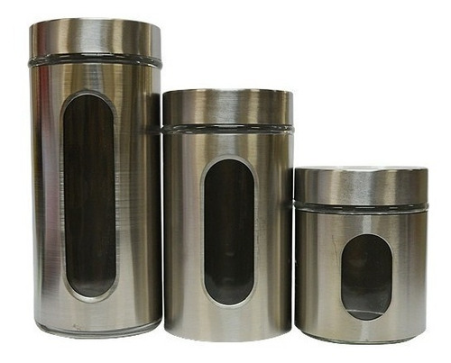 Conjunto De 3 Potes Com Visor - Mantimentos - Vidro E Inox