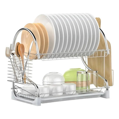 Escurridor De Platos De Acero Inoxidable De 2 Niveles Con Porta Cubiertos Vasos Y Tabla Con Bandeja Extraíble Amplio Y Elegante Plateado