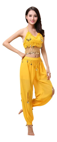 Traje Pantalón Top Danza Vientre Árabe Amarill Hindú Spandex